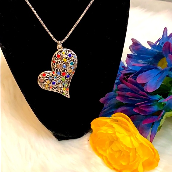 None Jewelry - NEW! Heart Pendant Necklace With Colorful Gems